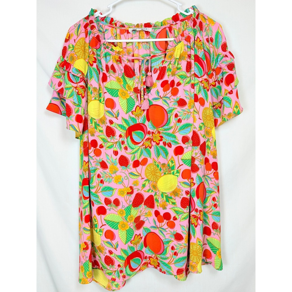 Rose + Olive Fruit Lemon Print Blouse 3X Pink Ruffle Sleeve Tassel Tie Boho Top